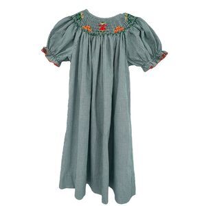 Vintage Mother Goose‎ Green White Gingham Dress Smocked Pumpkins Scarecrow 4T